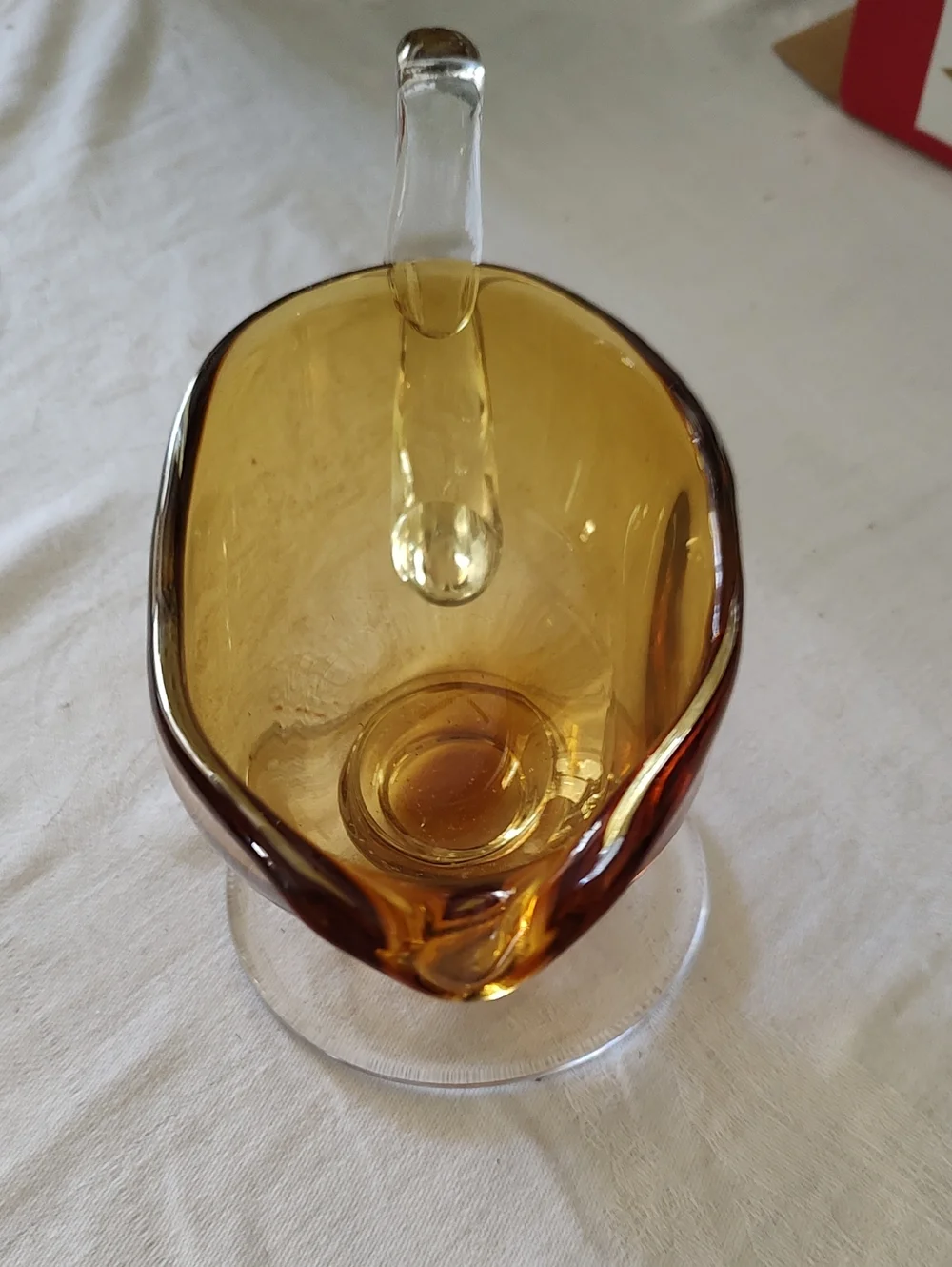 Large Williams Sonoma Amber Citrine and Clear Glass Footed Gravy Sauce Boat